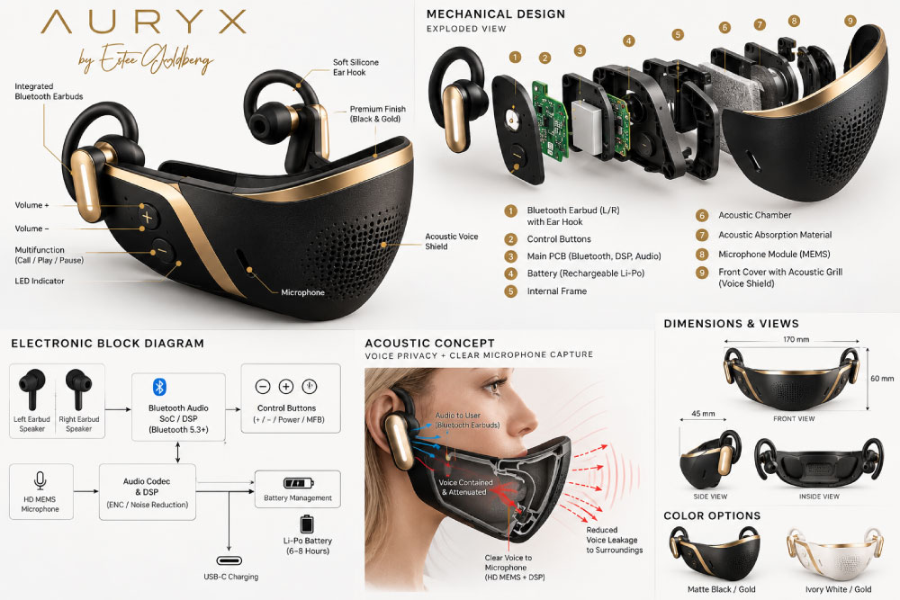 Diagrama conceptual de AURYX: diseño mecánico, arquitectura acústica, electrónica y acabados