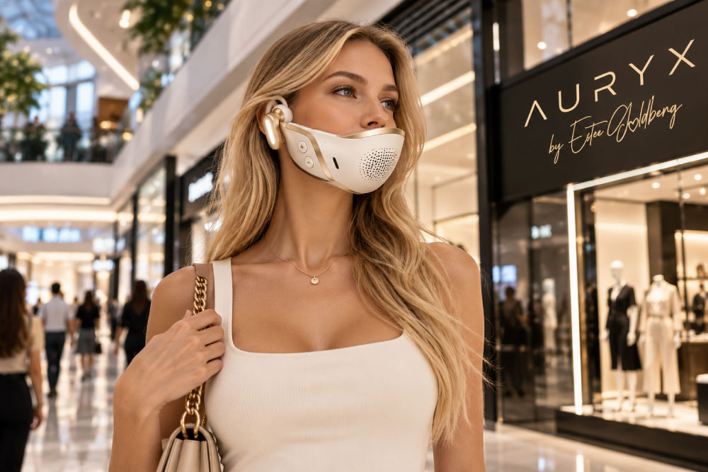 Modelo con AURYX Ivory & Gold en un centro comercial