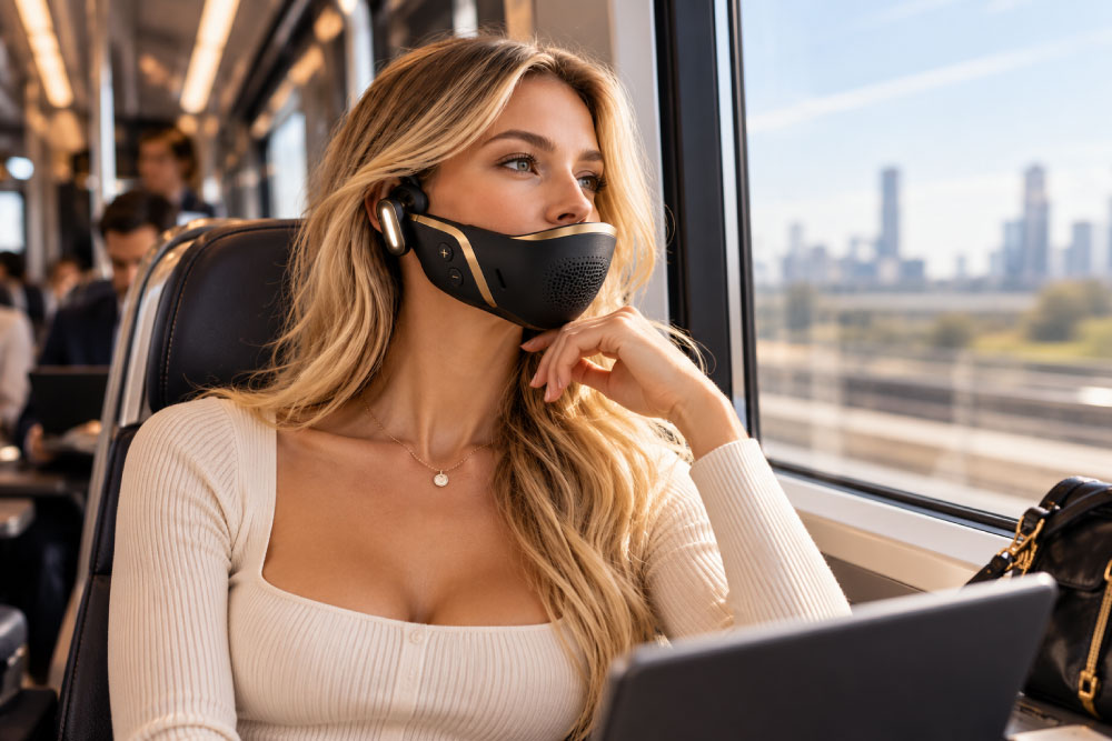 Modelo con AURYX Black & Gold en un tren