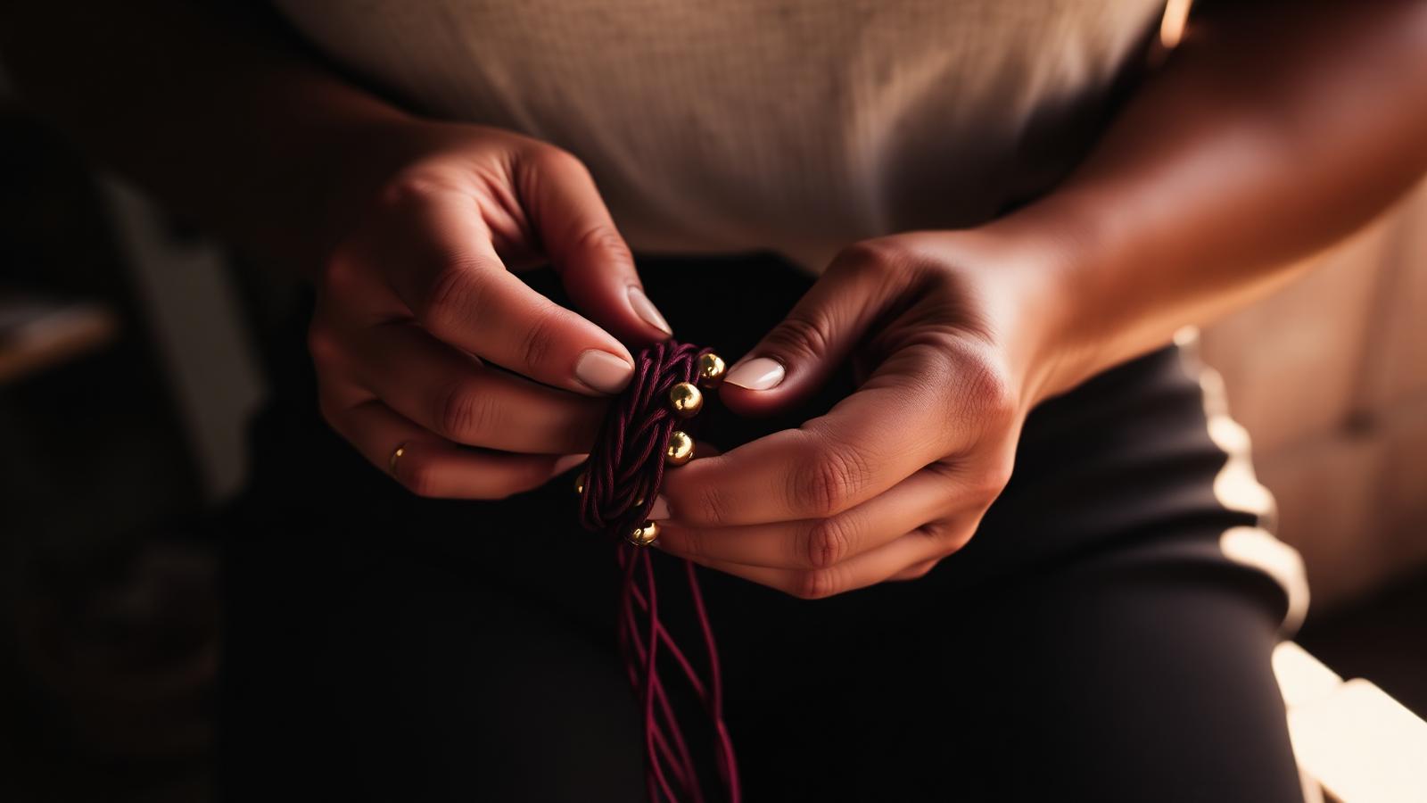 Manos artesanas tejiendo una pulsera de paracord